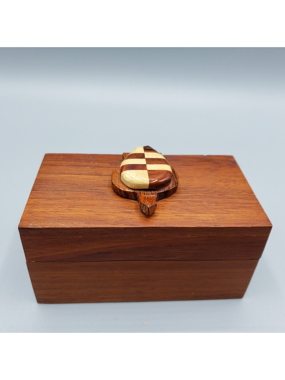 Wood Trinket Jewelry Box Mosaic Sea Turtle on Lid Marquetry Ocean Keepsake